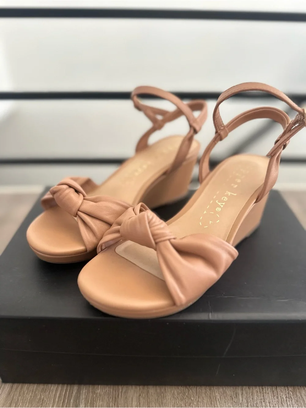 Copper Key Big Girls Wedge Sandals with Knotted Front Strap - Nude Size 3 Youth